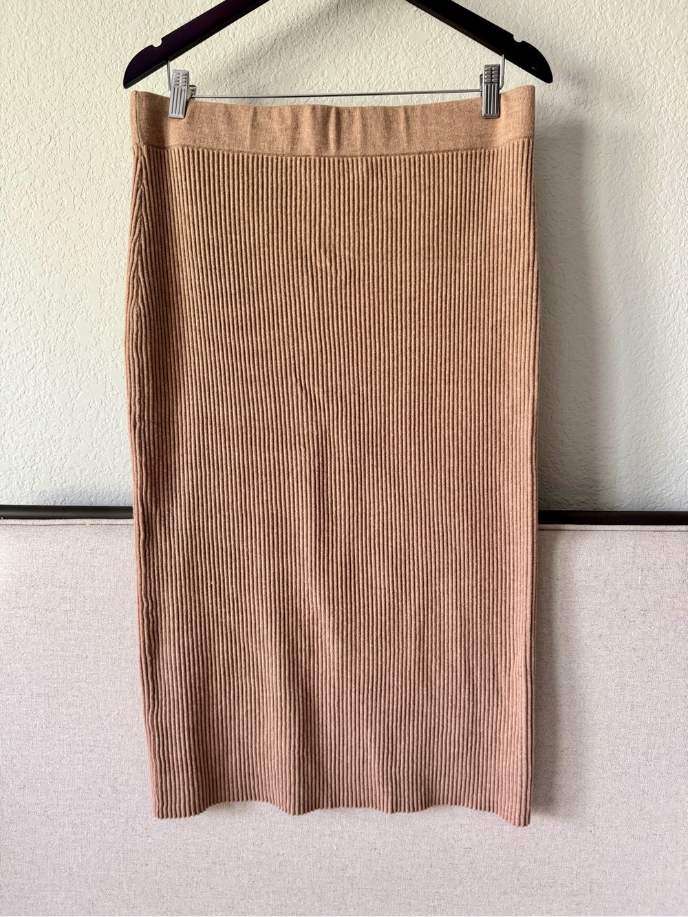 LOFT | Ribbed Knit Midi Skirt in Camel Tan